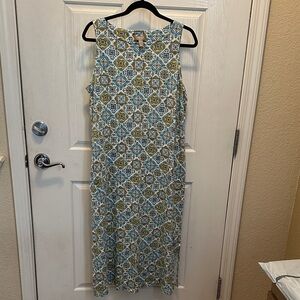 D&Co Naturals Blue and Green Patterned Midi Dress Cotton Rayon Linen Blend Lrg